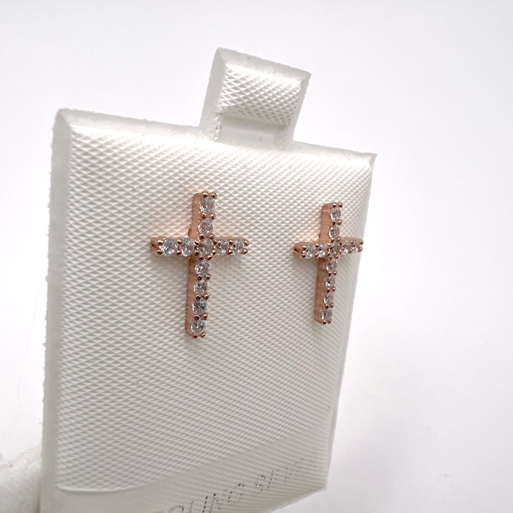 Rose GP/Sterling Silver Cz Cross Post Earrings - Picture 16 of 16
